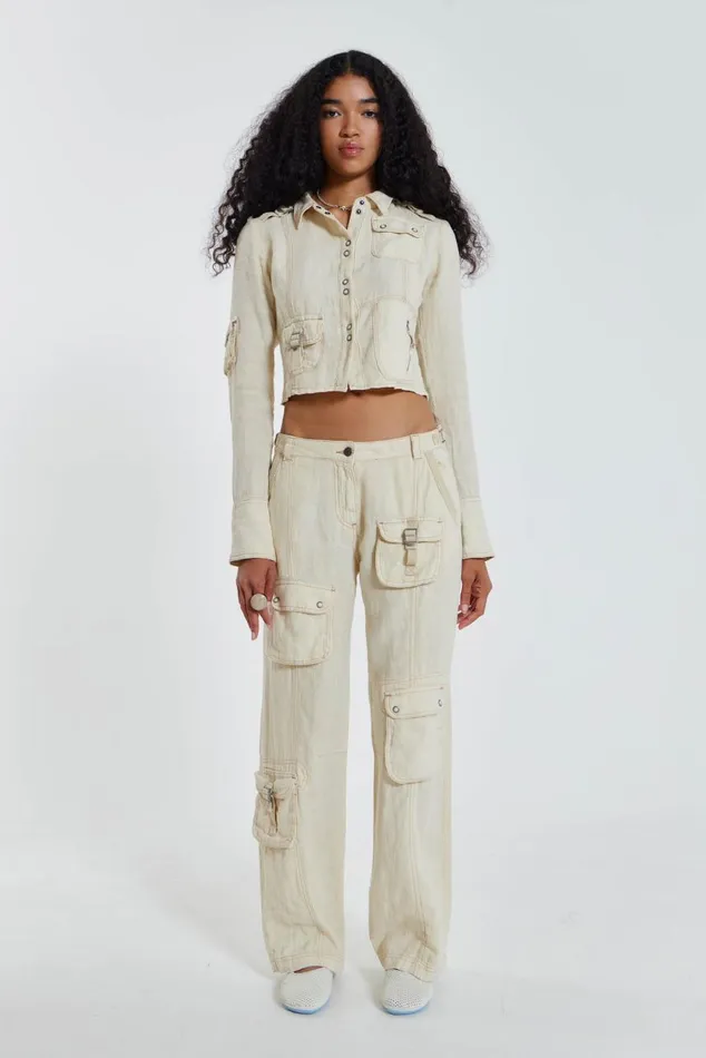 Women Ecru Skinny Linen Cargo Trousers Jaded London CoOrds