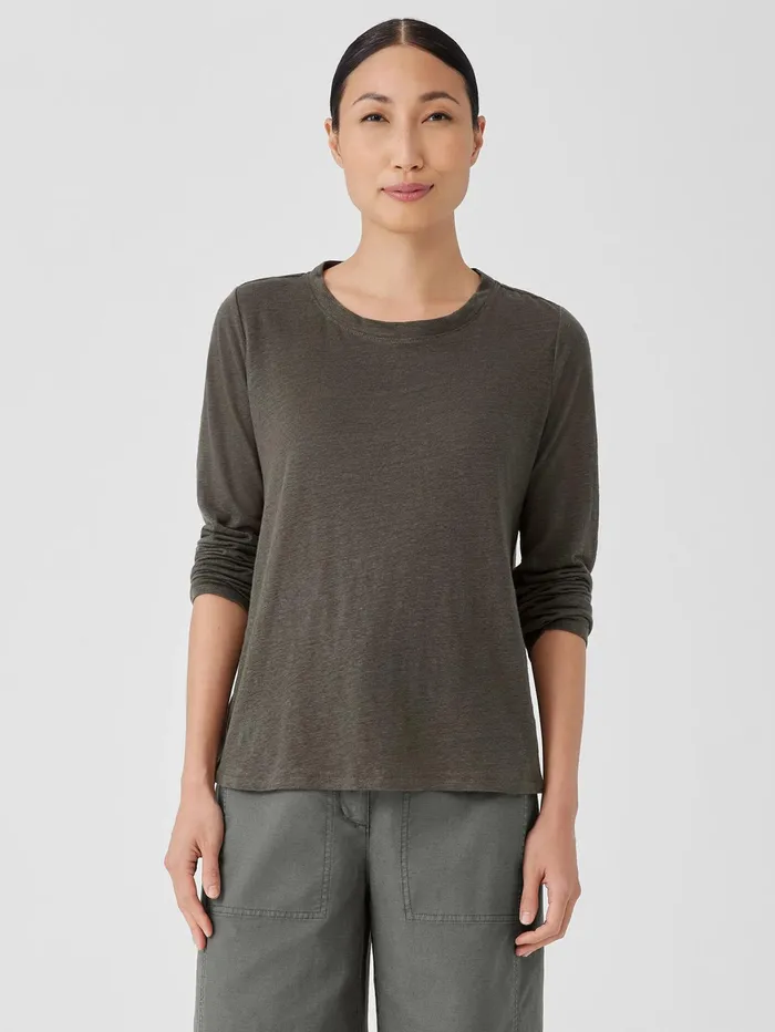 Women Eileen Fisher Denim Organic Linen Jersey Crew Neck Top Grove
