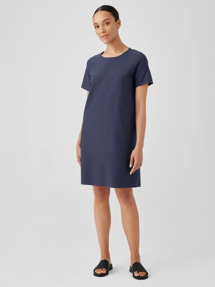 Women Eileen Fisher Dresses and Skirts Washable Stretch Crepe Jewel Neck Dress Ocean