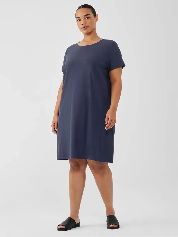 Women Eileen Fisher Dresses and Skirts Washable Stretch Crepe Jewel Neck Dress Ocean