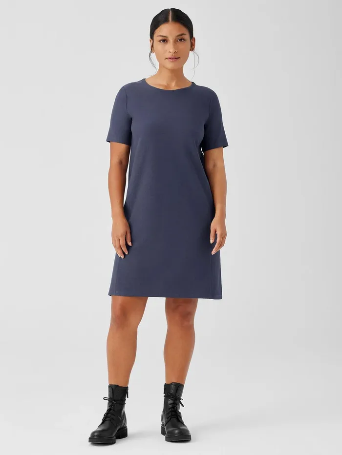Women Eileen Fisher Dresses and Skirts Washable Stretch Crepe Jewel Neck Dress Ocean