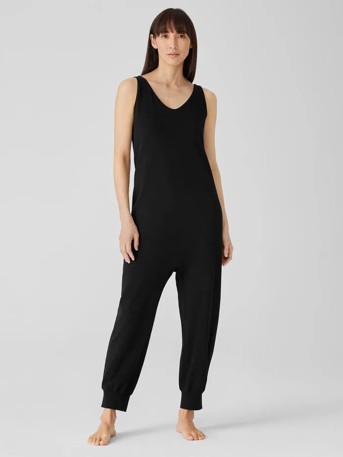 Women Eileen Fisher Sleepwear Organic Cotton Interlock Sleep Jumpsuit Black