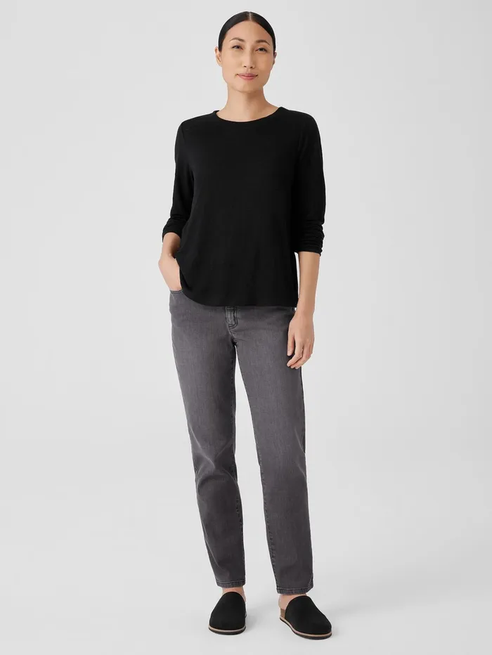 Women Eileen Fisher Tops and Tees Organic Linen Jersey Crew Neck Top Black