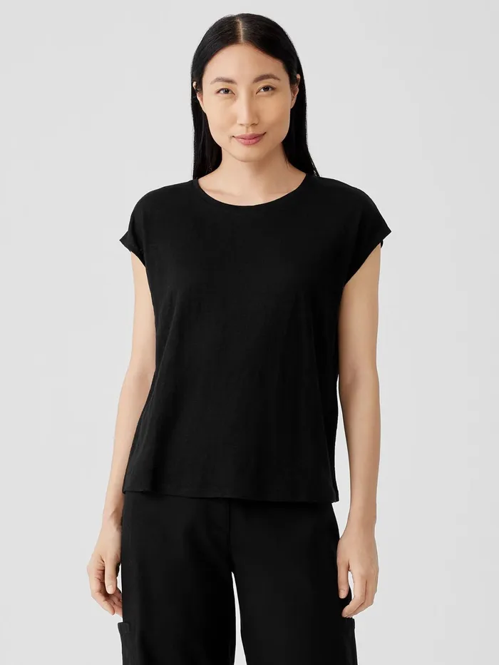 Women Eileen Fisher Tops and Tees Organic Linen Jersey ShirredBack Top Black