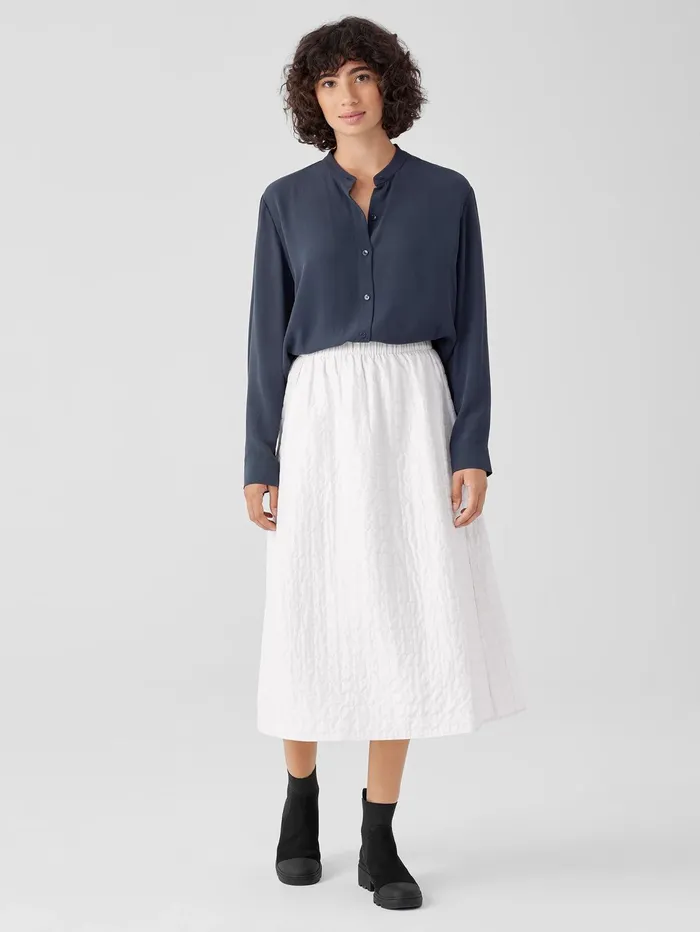 Women Eileen Fisher Tops and Tees Silk Georgette Crepe Band Collar Shirt Ocean