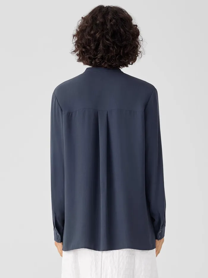 Women Eileen Fisher Tops and Tees Silk Georgette Crepe Band Collar Shirt Ocean