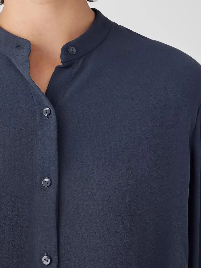 Women Eileen Fisher Tops and Tees Silk Georgette Crepe Band Collar Shirt Ocean