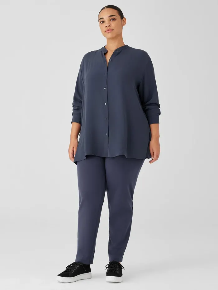 Women Eileen Fisher Tops and Tees Silk Georgette Crepe Band Collar Shirt Ocean