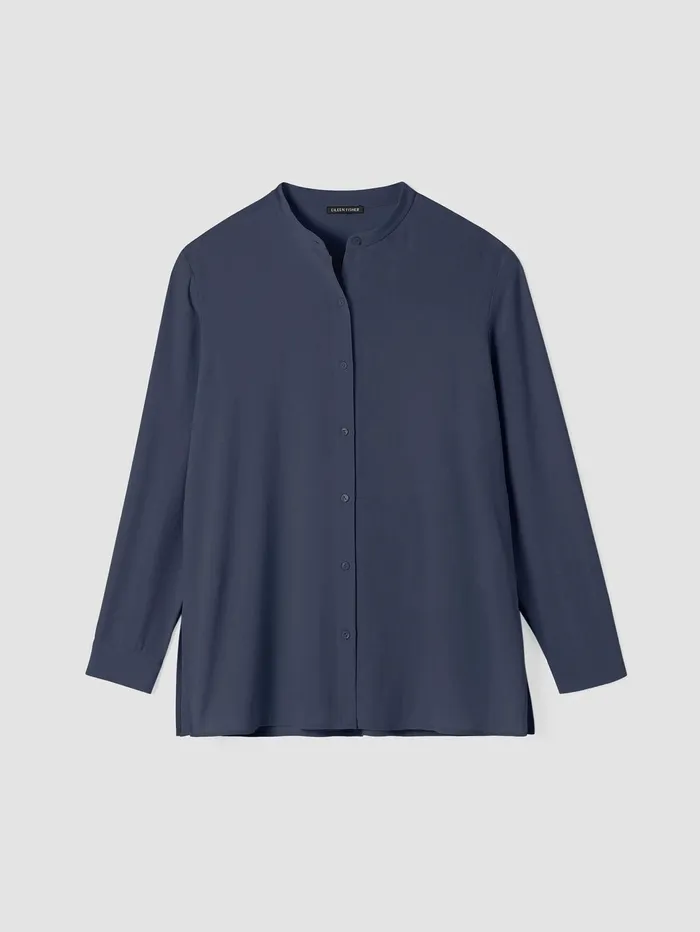 Women Eileen Fisher Tops and Tees Silk Georgette Crepe Band Collar Shirt Ocean