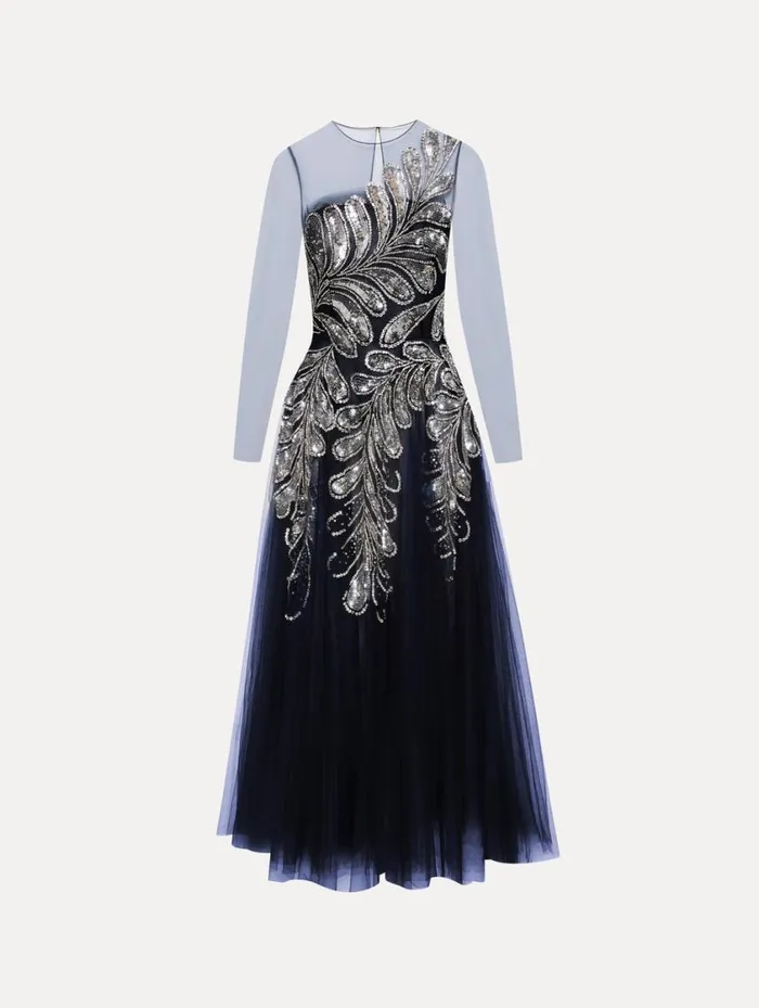 Women Fern Crystal Embroidered Cocktail Dress Navy Silver Oscar De La Renta Dresses Women Fern Crystal Embroidered Cocktail Dress Navy Silver Oscar De La Renta Dresses
