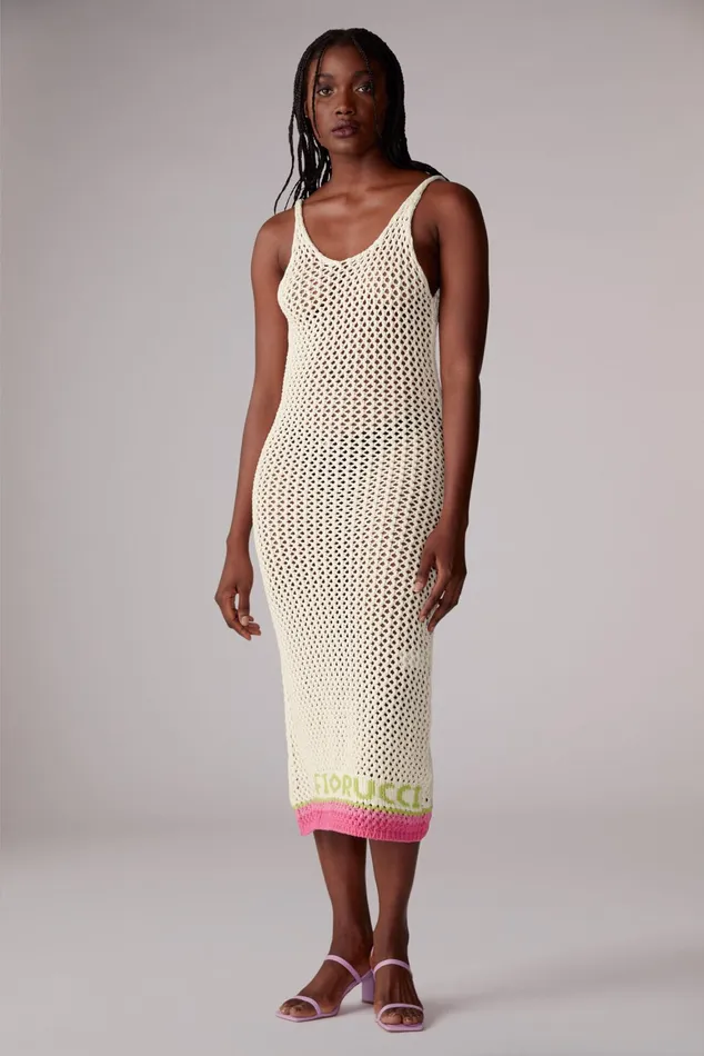 Women Fiorucci Knitwear Logo Crochet Maxi Dress White