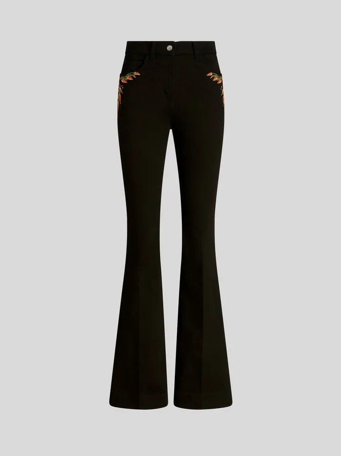 Women Flared Jeans With Foliage Embroidery Etro Trousers