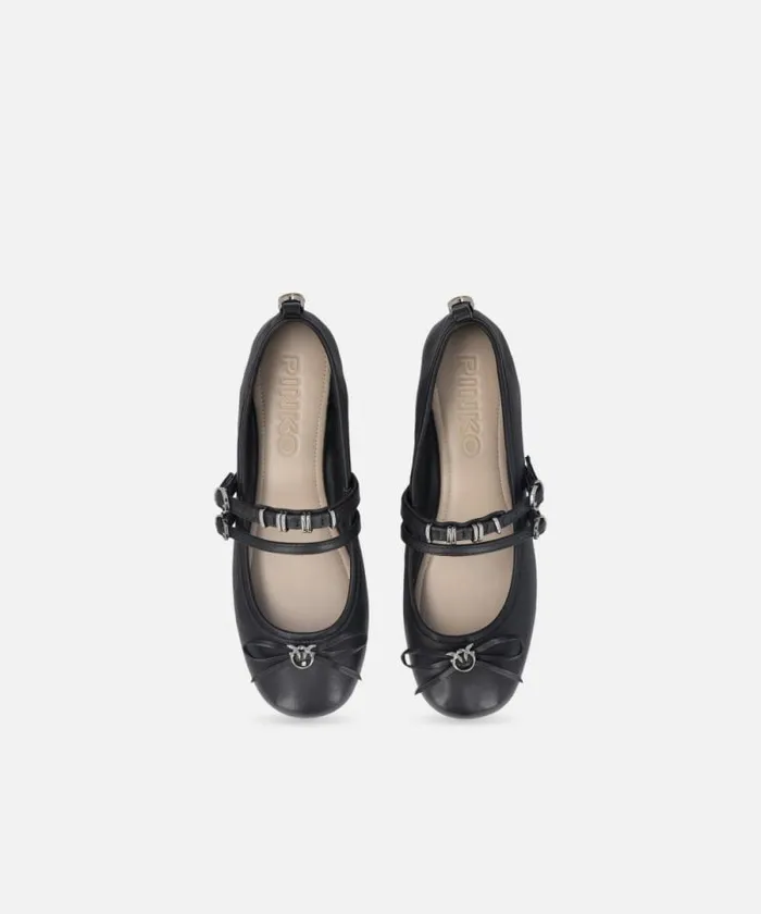 Women Flats Pinko Nappa Leather Ballet Flats With Straps And Bow Limo Black Women Flats Pinko Nappa Leather Ballet Flats With Straps And Bow Limo Black