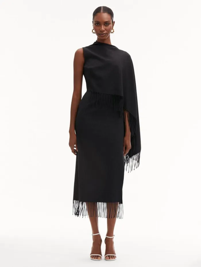 Women Fringed Cape Midi Dress Anthracite Oscar De La Renta Dresses Women Fringed Cape Midi Dress Anthracite Oscar De La Renta Dresses