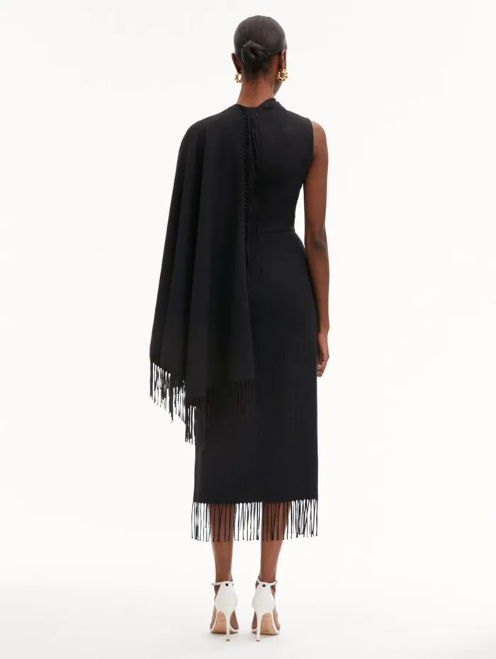 Women Fringed Cape Midi Dress Anthracite Oscar De La Renta Dresses Women Fringed Cape Midi Dress Anthracite Oscar De La Renta Dresses