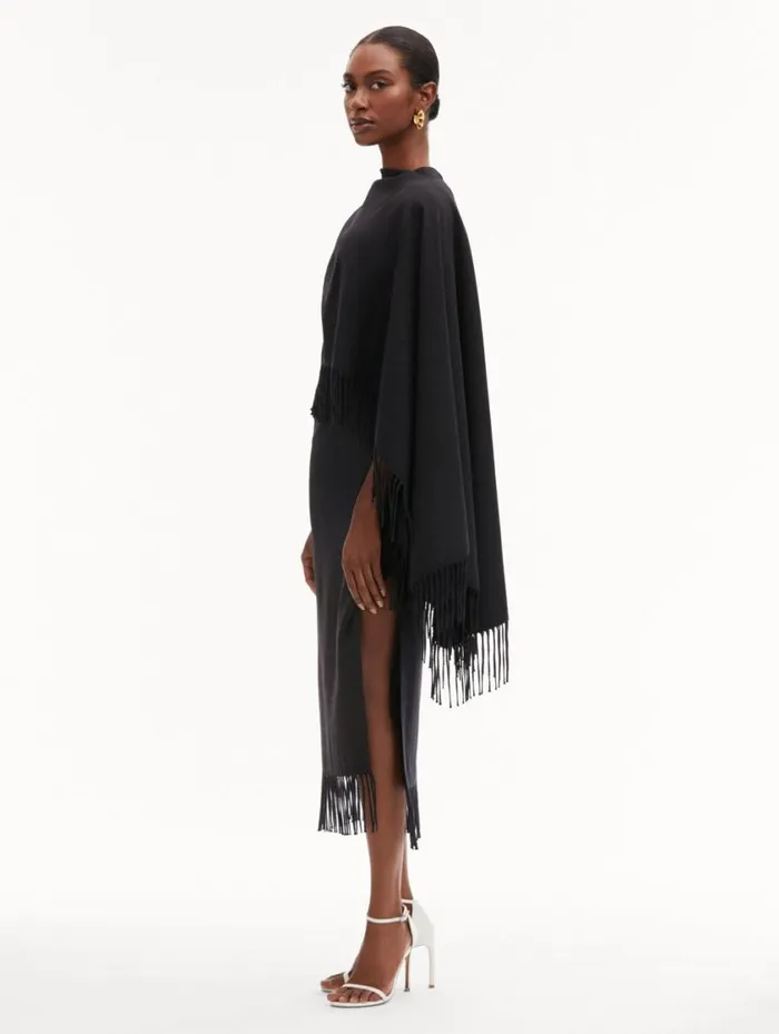 Women Fringed Cape Midi Dress Anthracite Oscar De La Renta Dresses Women Fringed Cape Midi Dress Anthracite Oscar De La Renta Dresses