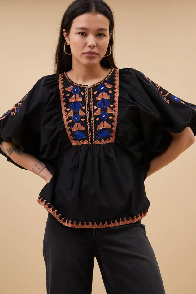 Women Gabie Embroidery Blouse Jet Black Bybar Blouses Women Gabie Embroidery Blouse Jet Black Bybar Blouses