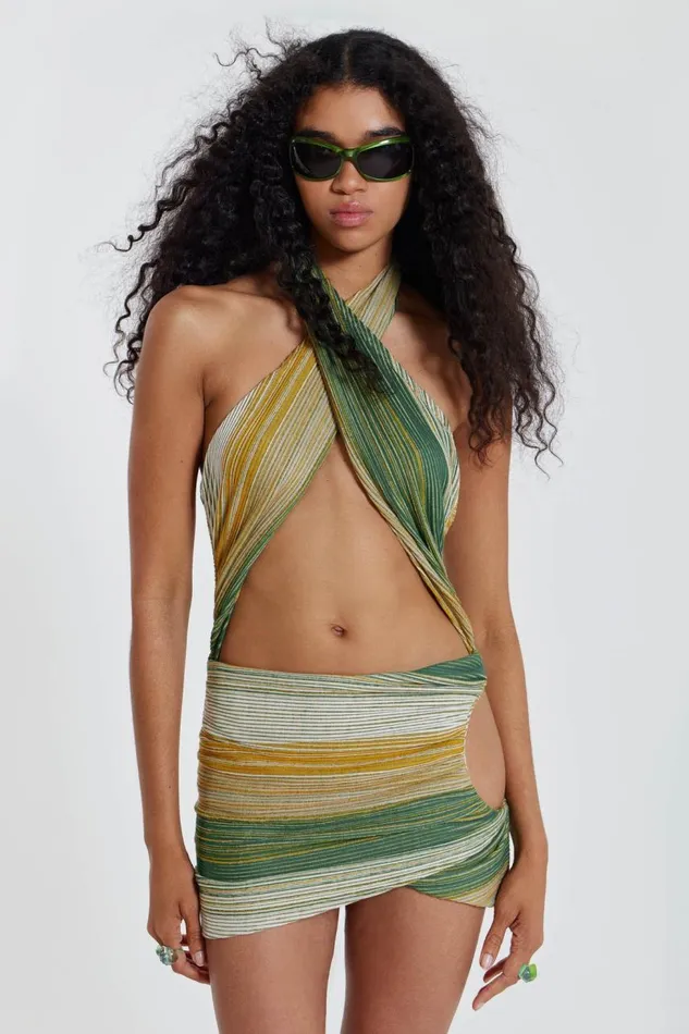 Women Green Stripe Knit Halterneck Wrap Over Mini Dress Jaded London Mini Dresses Women Green Stripe Knit Halterneck Wrap Over Mini Dress Jaded London Mini Dresses