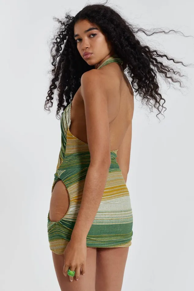 Women Green Stripe Knit Halterneck Wrap Over Mini Dress Jaded London Mini Dresses