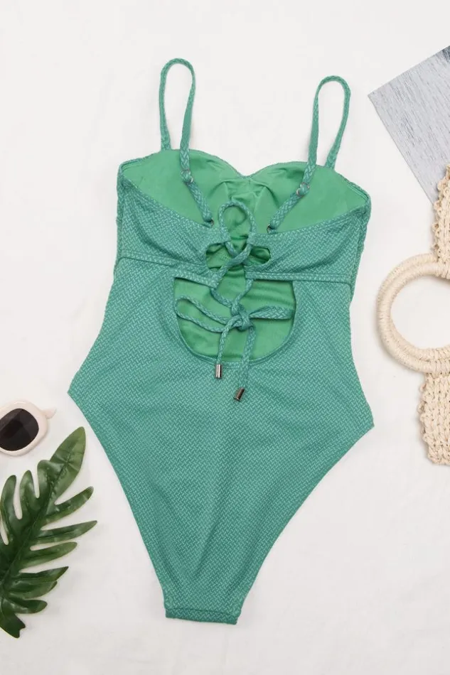 Women Halter and Lace Up Swimsuits Cupshe Aliyah Laceup Back One Piece Swimsuit Green