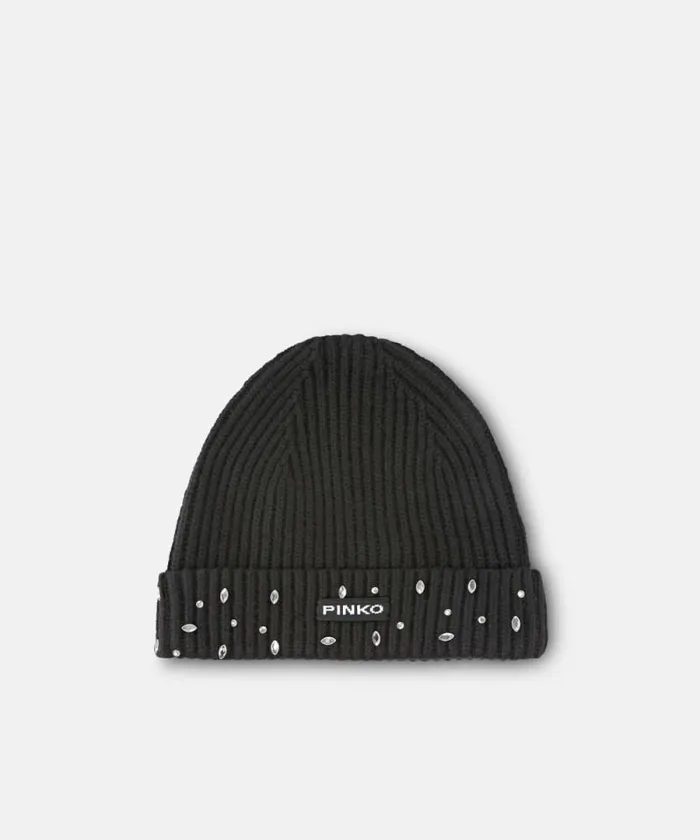 Women Hats Pinko Ribbed Beanie With Crystals Limo Black