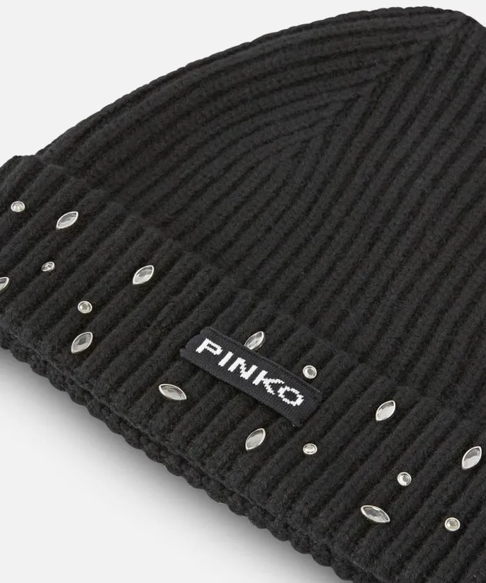 Women Hats Pinko Ribbed Beanie With Crystals Limo Black Women Hats Pinko Ribbed Beanie With Crystals Limo Black