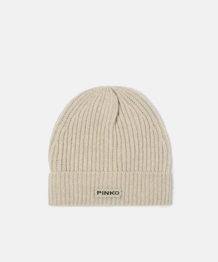 Women Hats Pinko Ribbed Wool Hat With Logo Beige 8211 Mole Grey