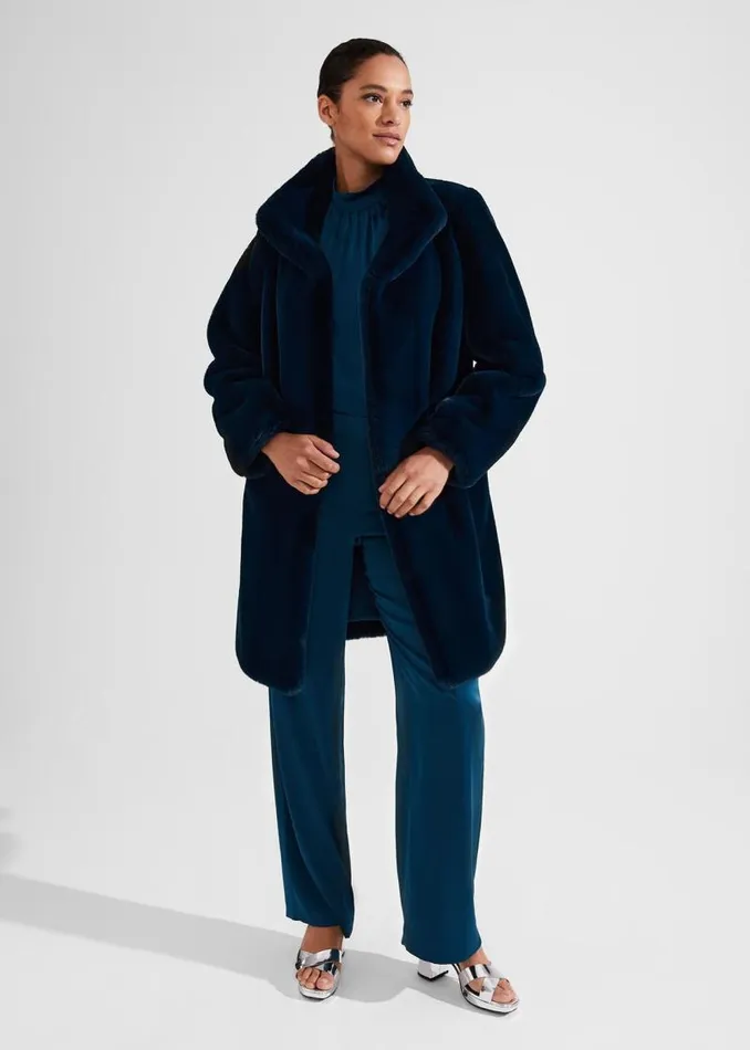 Women HOBBS Coats and Jackets Maddox Faux Fur Coat Steel Blue