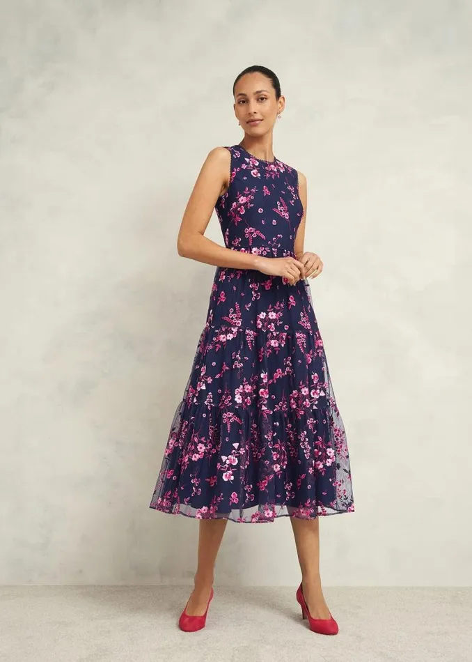 Women HOBBS Dresses and Jumpsuits Bethany Embroidered Dress Navy Pink