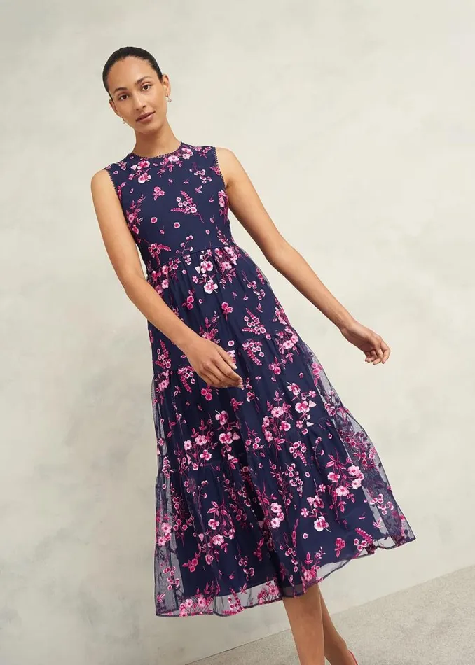 Women HOBBS Dresses and Jumpsuits Bethany Embroidered Dress Navy Pink
