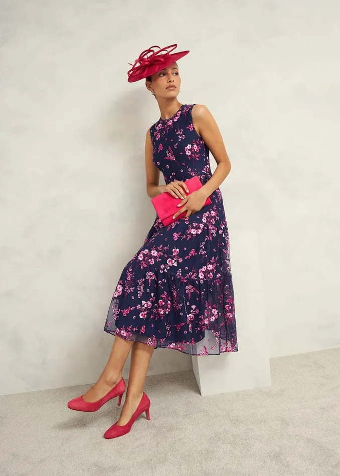 Women HOBBS Dresses and Jumpsuits Bethany Embroidered Dress Navy Pink