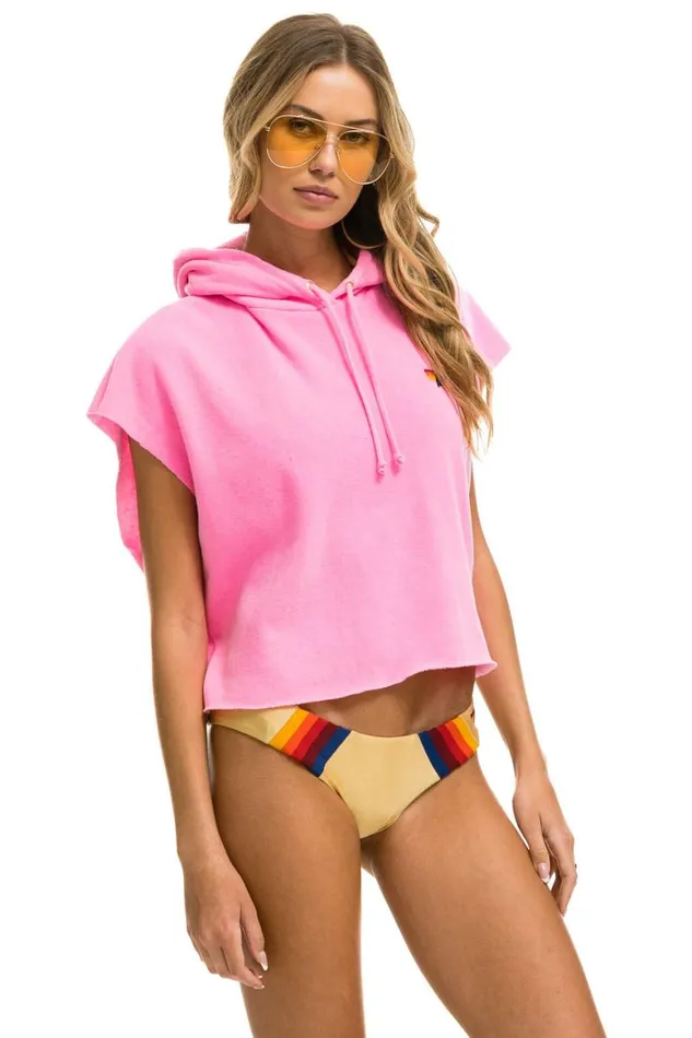 Women Hoodies Aviator Nation Logo Embroidery Sleeveless Relaxed Cropped Pullover Hoodie 8211 Neon Pink