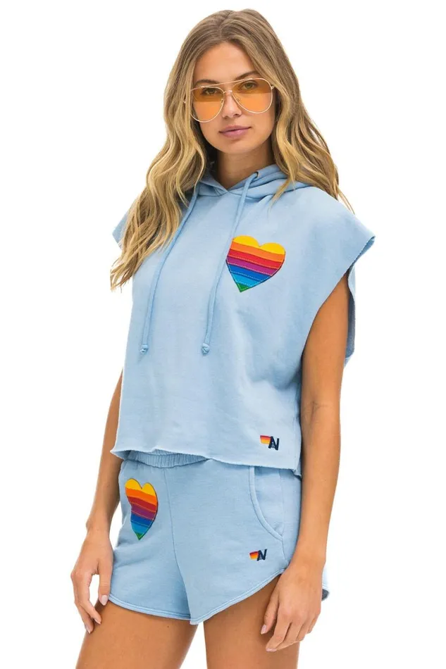 Women Hoodies Aviator Nation Rainbow Heart Stitch Sleeveless Relaxed Cropped Pullover Hoodie 8211 Ice