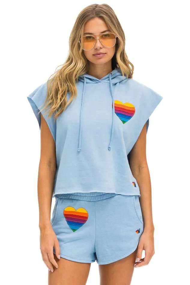 Women Hoodies Aviator Nation Rainbow Heart Stitch Sleeveless Relaxed Cropped Pullover Hoodie 8211 Ice