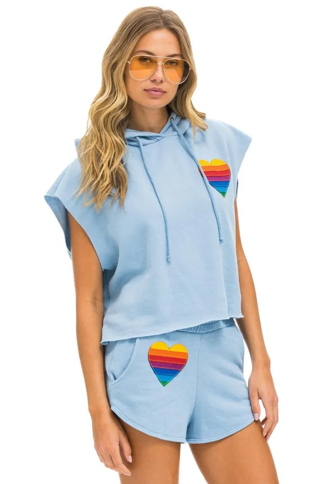Women Hoodies Aviator Nation Rainbow Heart Stitch Sleeveless Relaxed Cropped Pullover Hoodie 8211 Ice