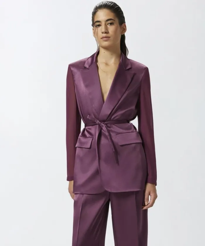 Women Jackets Pinko Shiny Blazer With Transparent Sleeves Grape Wine