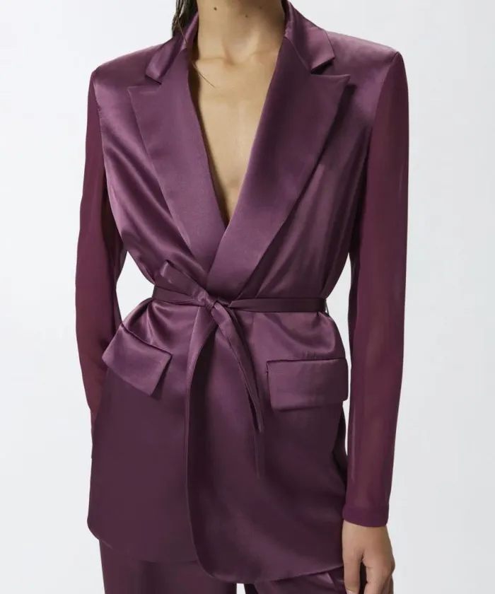 Women Jackets Pinko Shiny Blazer With Transparent Sleeves Grape Wine Women Jackets Pinko Shiny Blazer With Transparent Sleeves Grape Wine