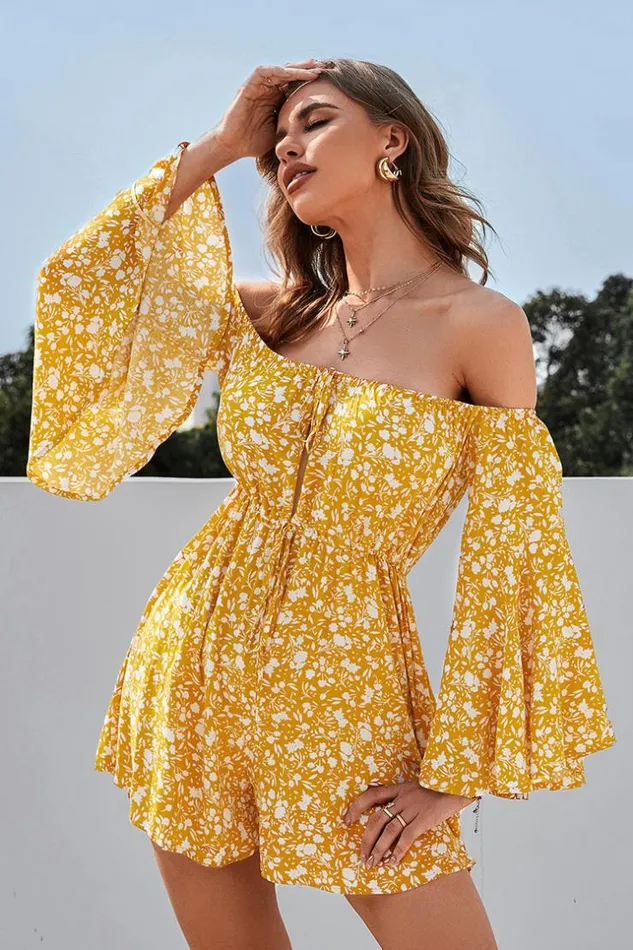 Women Jumpsuits and Rompers Cupshe Gigi Offshoulder Ruching Ditsy Jumpsuit Yellow