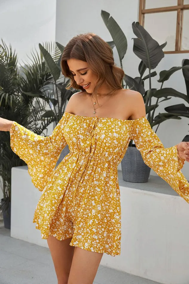 Women Jumpsuits and Rompers Cupshe Gigi Offshoulder Ruching Ditsy Jumpsuit Yellow