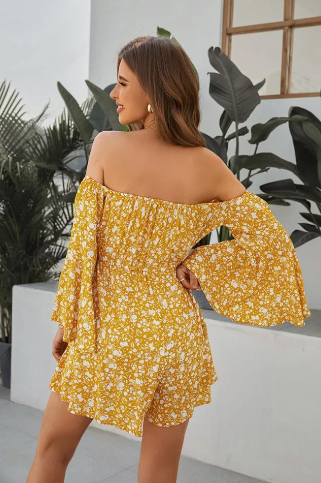 Women Jumpsuits and Rompers Cupshe Gigi Offshoulder Ruching Ditsy Jumpsuit Yellow