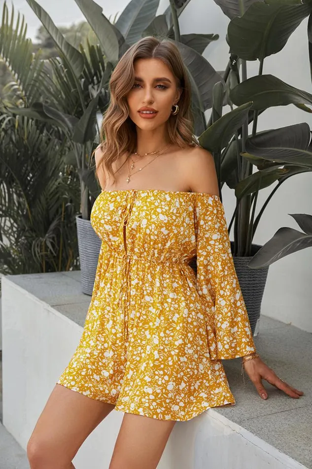 Women Jumpsuits and Rompers Cupshe Gigi Offshoulder Ruching Ditsy Jumpsuit Yellow
