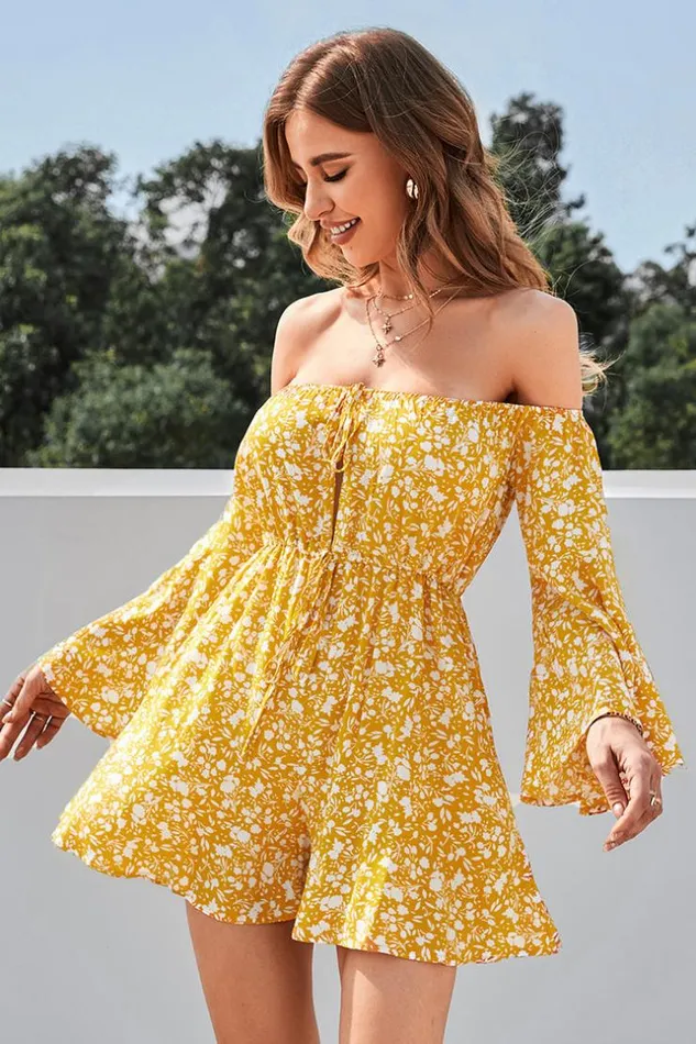 Women Jumpsuits and Rompers Cupshe Gigi Offshoulder Ruching Ditsy Jumpsuit Yellow