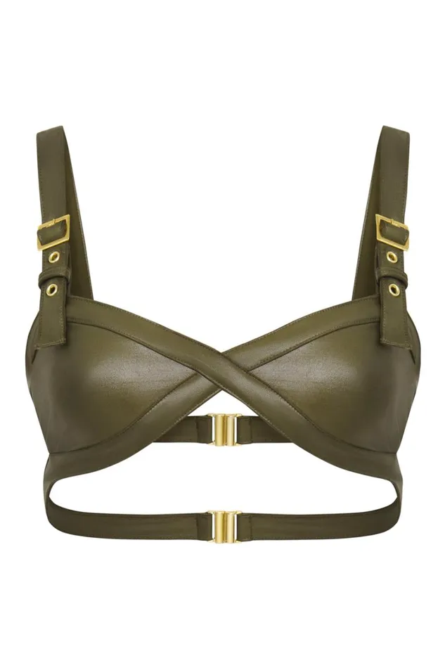 Women Khaki Leather Look Buckle Bikini Top Jaded London Bikini Tops