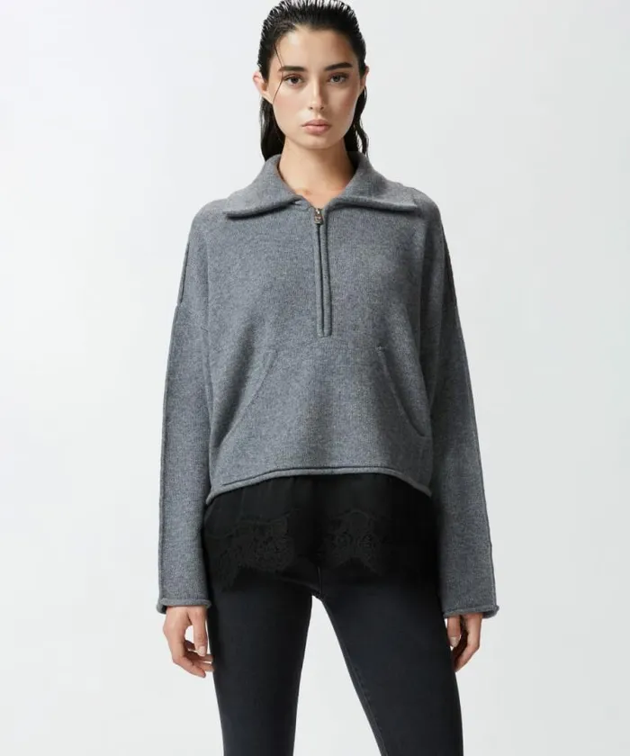Women Knitwear Pinko Cashmereblend Sweater With Zip And Lace At The Hem Greyblack Women Knitwear Pinko Cashmereblend Sweater With Zip And Lace At The Hem Greyblack