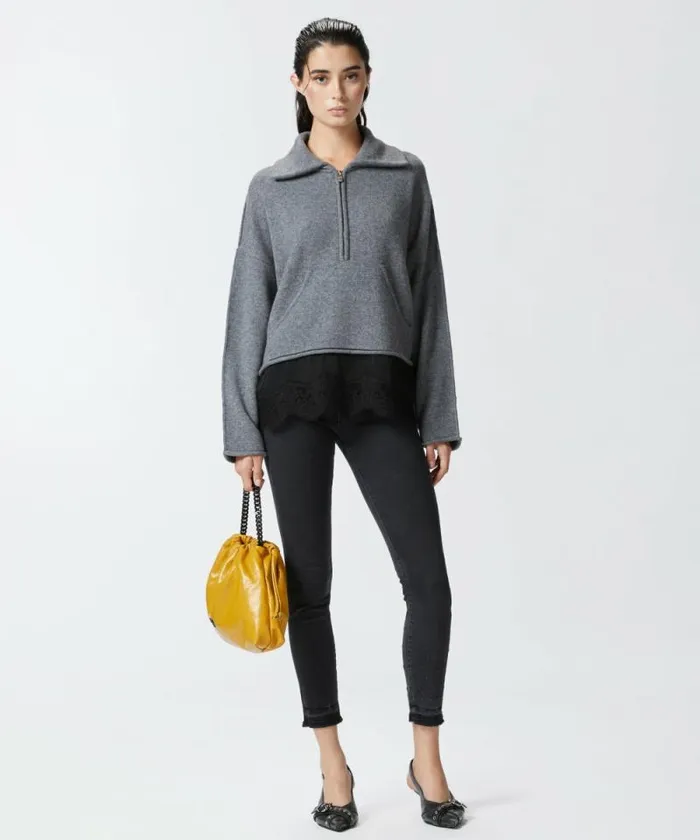 Women Knitwear Pinko Cashmereblend Sweater With Zip And Lace At The Hem Greyblack Women Knitwear Pinko Cashmereblend Sweater With Zip And Lace At The Hem Greyblack