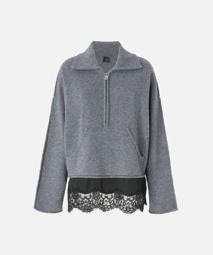 Women Knitwear Pinko Cashmereblend Sweater With Zip And Lace At The Hem Greyblack Women Knitwear Pinko Cashmereblend Sweater With Zip And Lace At The Hem Greyblack