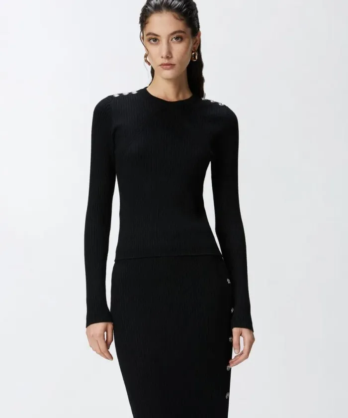 Women Knitwear Pinko Longsleeved Ribbed Wool Sweater Limo Black
