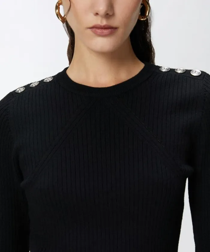 Women Knitwear Pinko Longsleeved Ribbed Wool Sweater Limo Black Women Knitwear Pinko Longsleeved Ribbed Wool Sweater Limo Black