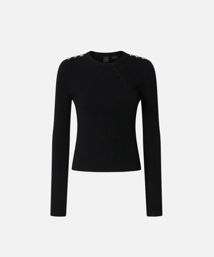 Women Knitwear Pinko Longsleeved Ribbed Wool Sweater Limo Black Women Knitwear Pinko Longsleeved Ribbed Wool Sweater Limo Black