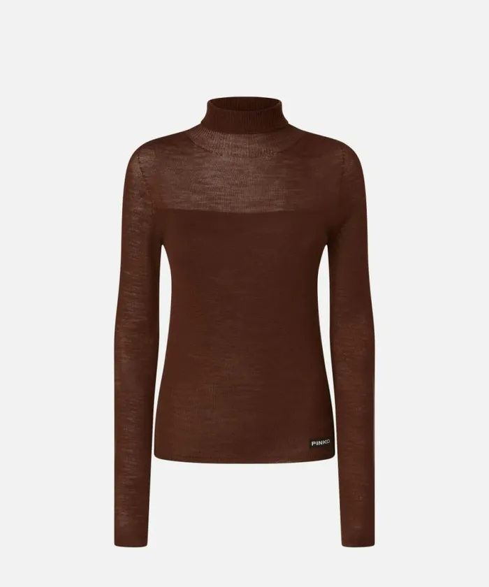 Women Knitwear Pinko Poloneck Thin Wool Sweater Chestnut Brown